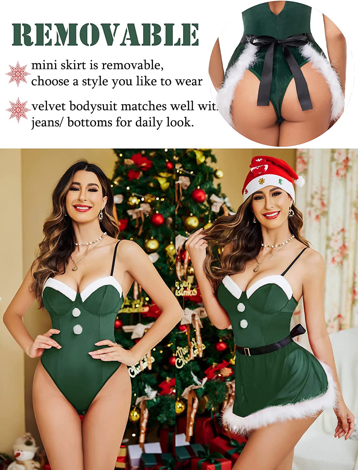 Avidlove Christmas Lingerie Santa Babydoll Lingerie V Neck Velvet Lingerie with Belt