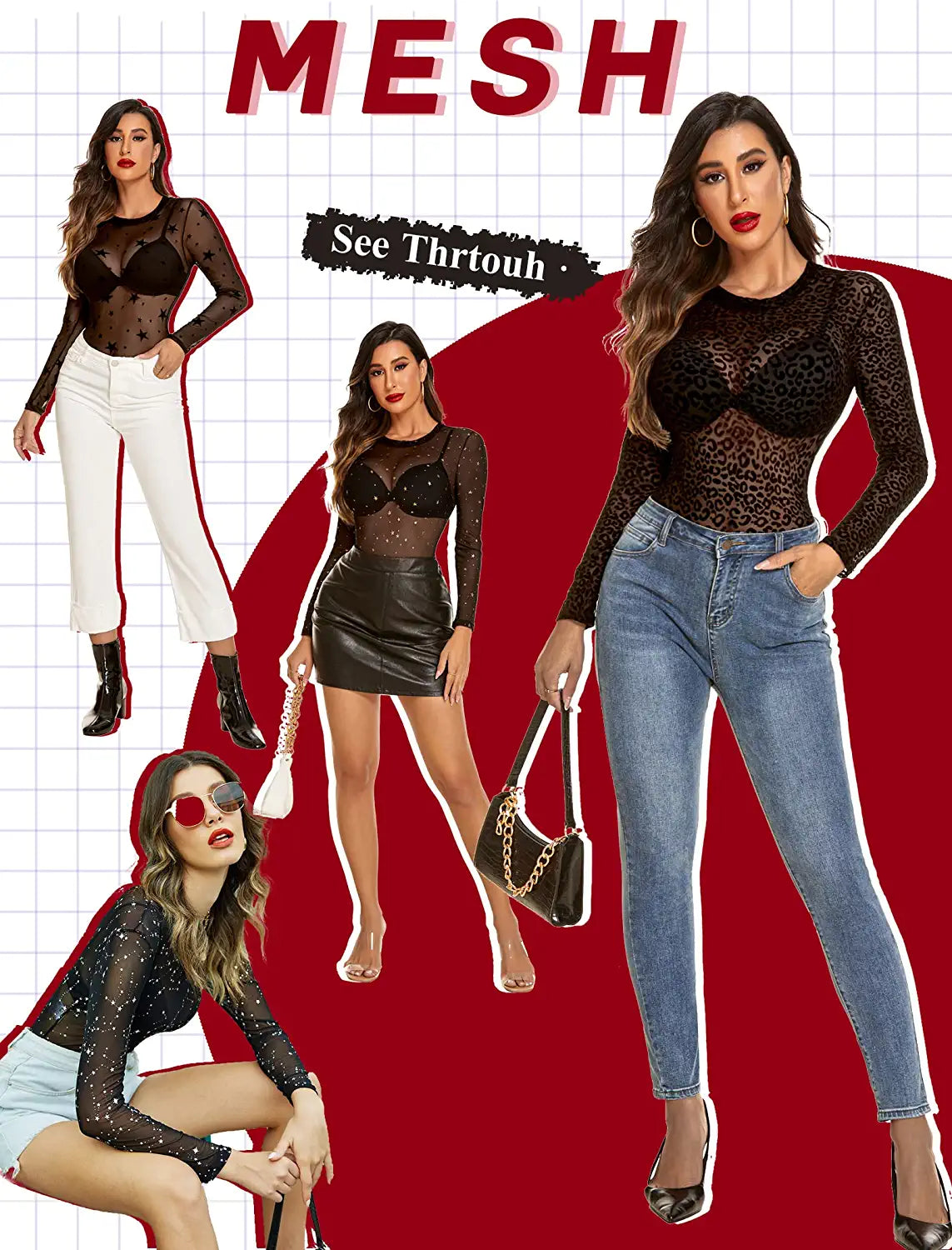 Avidlove Long Sleeve Mesh Bodysuit Round Neck Sheer Leotards Geo Print Bodysuit Top with Snap Crotch