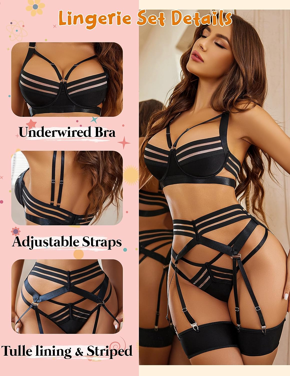 Avidlove Lingerie Set Strappy Lingerie with Underwired Push Up Bra Support Garter Lingerie