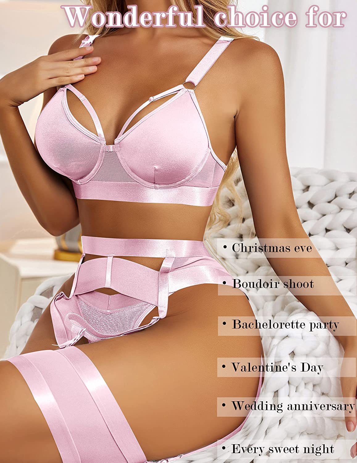 Avidlove Lingerie Set for with Underwire Strappy Lingerie Push Up 5 Piece Lingerie Set with Garter