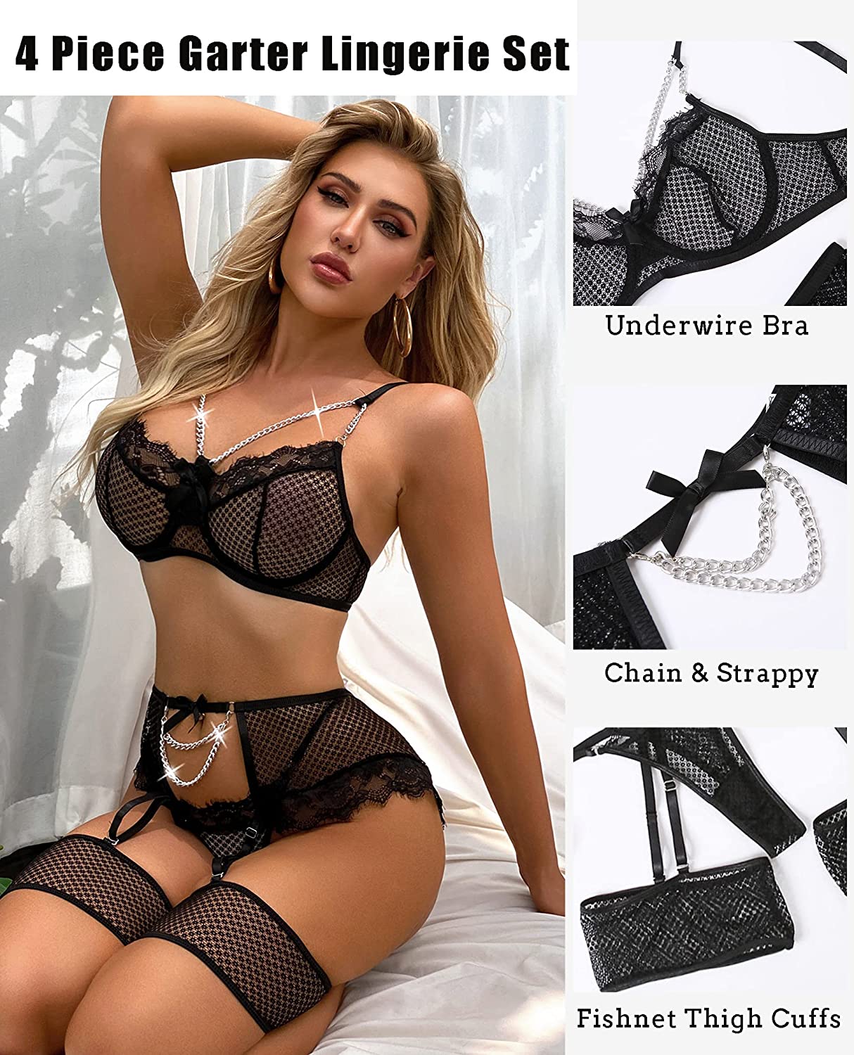 Avidlove Garter Set Lingerie for Fishnet Underwire Lace 4 Piece Sets Chain Bra S-XXL
