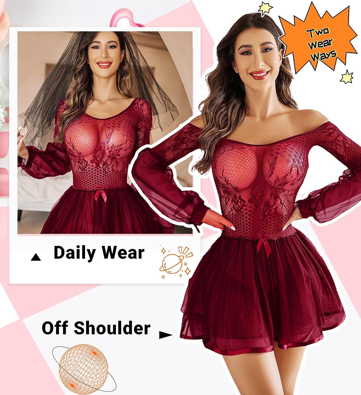 Avidlove Lingerie for Lace Babydoll Lingerie Dress Long Sleeve Lingerie Nightwear Chemise Nightie