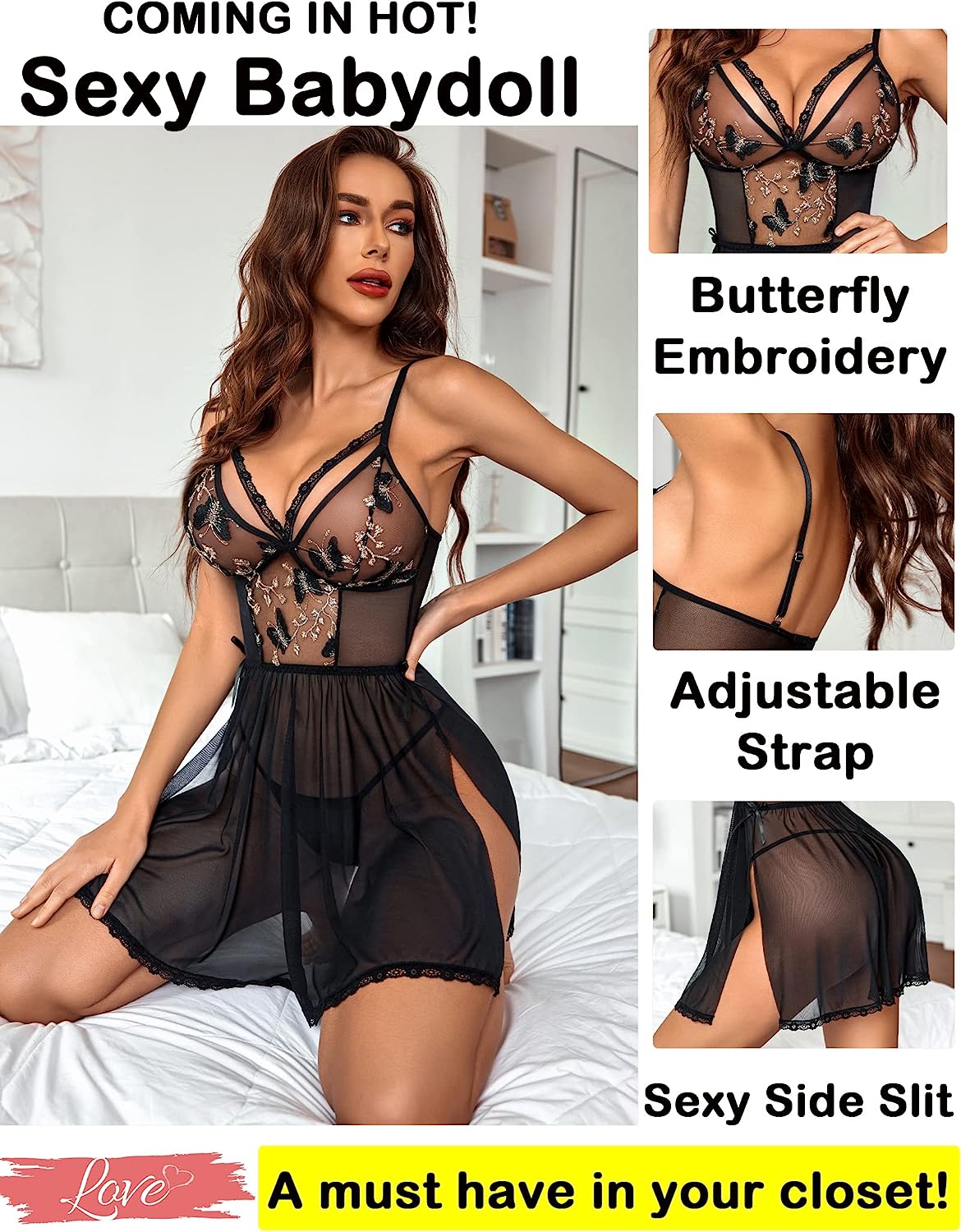Avidlove Lingerie Lace Chemise Floral Embroidery Mesh Babydoll Side Slit Sleepwear