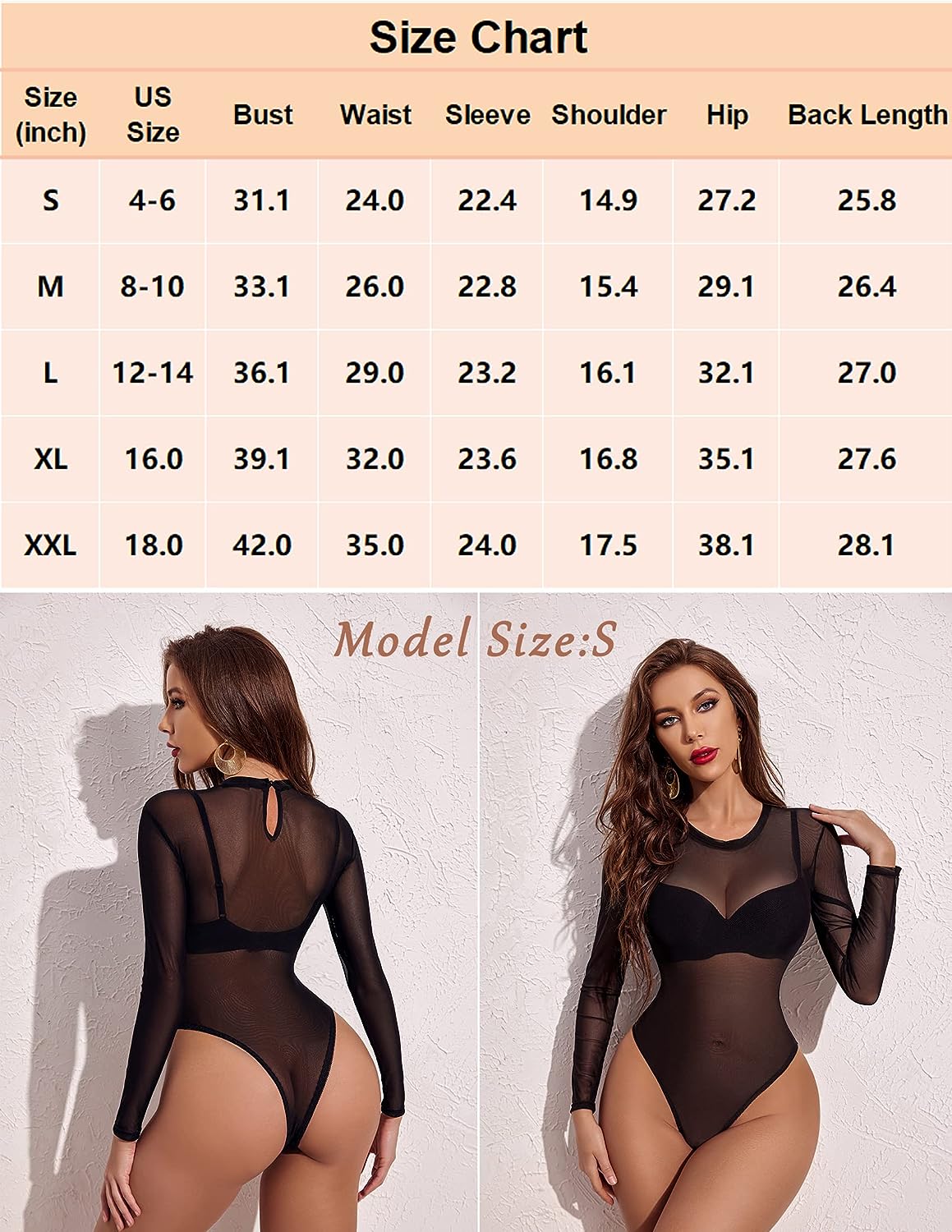 Avidlove Mesh Bodysuit Black Long Sleeve Bodysuit Round Neck Sheer Leotards Bodysuit Tops Snap Crotch