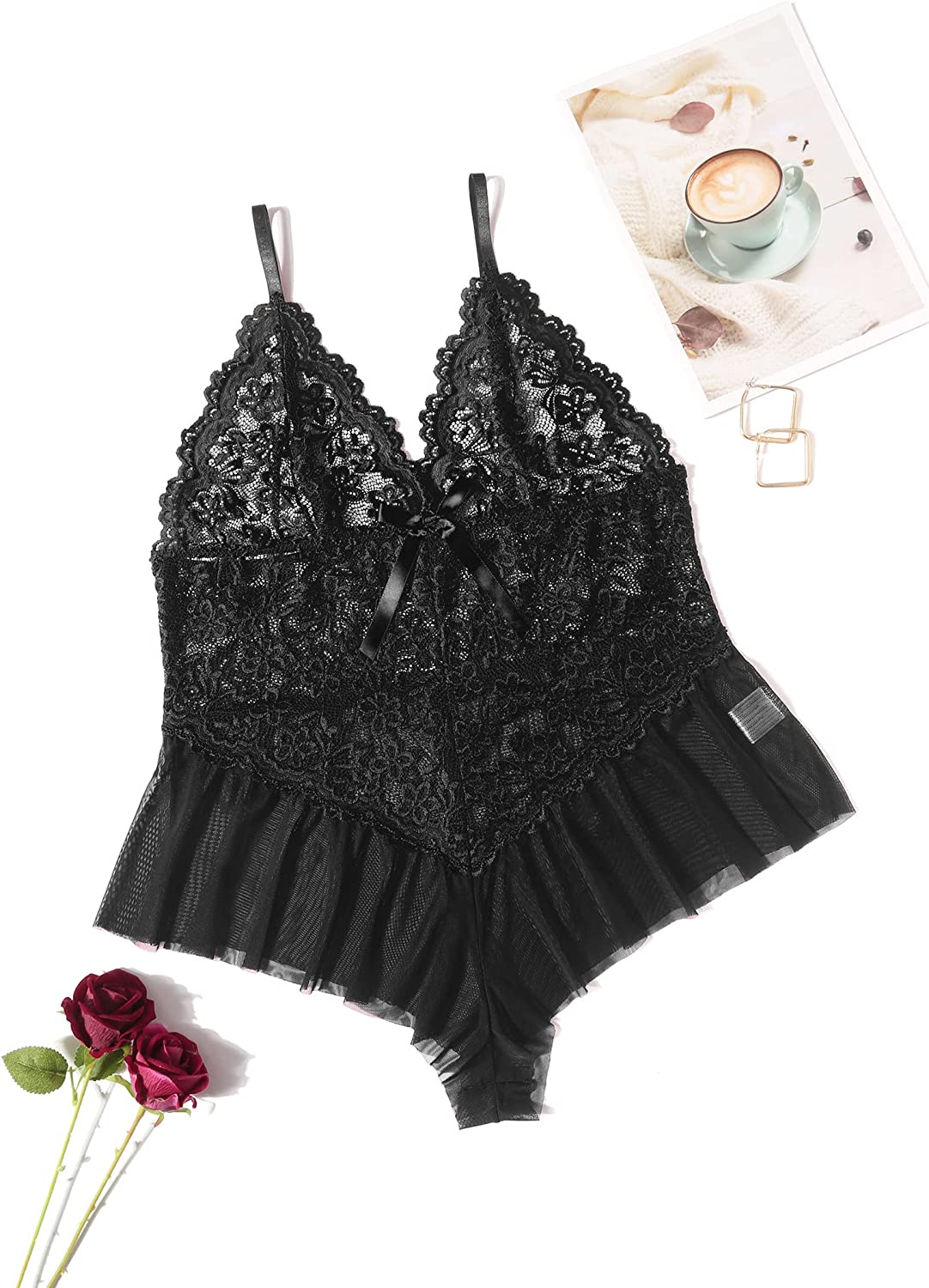 Avidlove Plus Size Lingerie for Lace Bodysuit One Piece Teddy Babydoll Mesh Chemise V Neck Sleepwear L-4XL