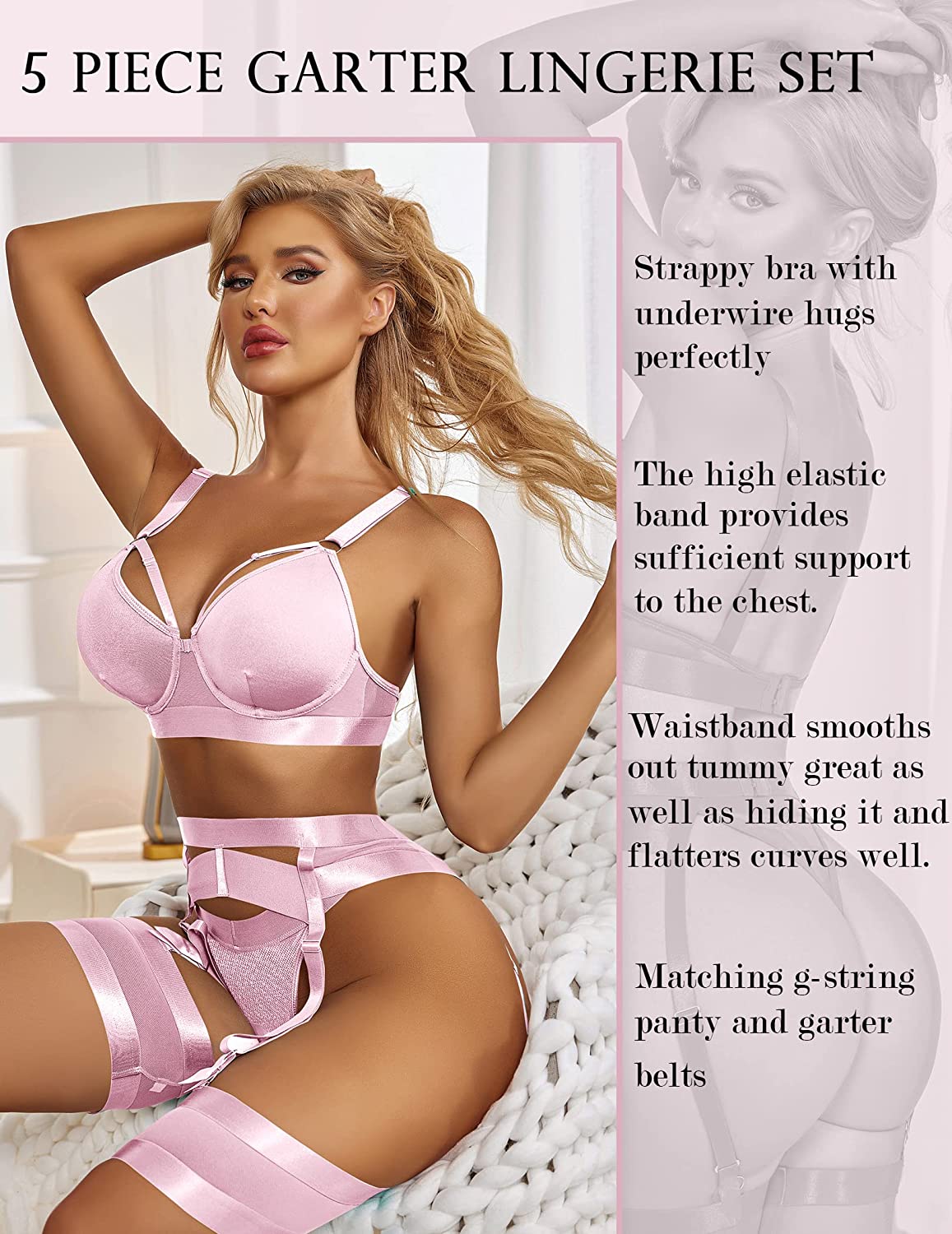 Avidlove Lingerie Set for with Underwire Strappy Lingerie Push Up 5 Piece Lingerie Set with Garter