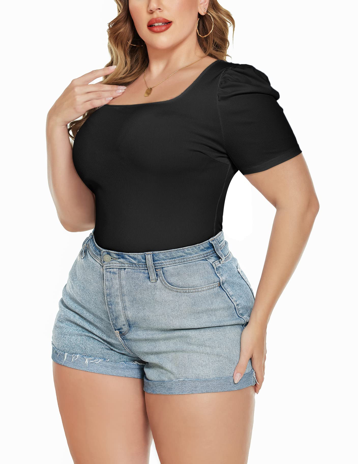 Print Square Neck Top Rib-Knit Puff Sleeve T-Shirt