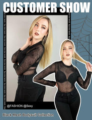 Avidlove Mesh Bodysuit Black Long Sleeve Bodysuit Round Neck Sheer Leotards Bodysuit Tops Snap Crotch