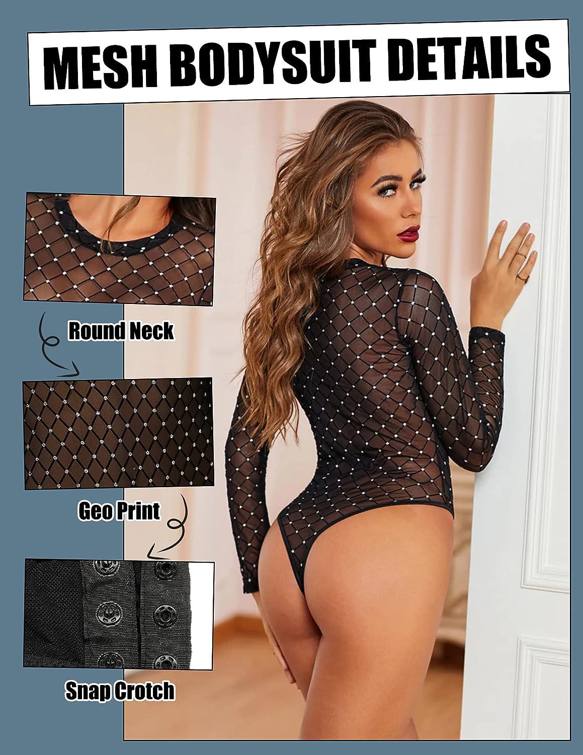 Avidlove Mesh Bodysuit Black Long Sleeve Bodysuit Round Neck Sheer Leotards Bodysuit Tops Snap Crotch