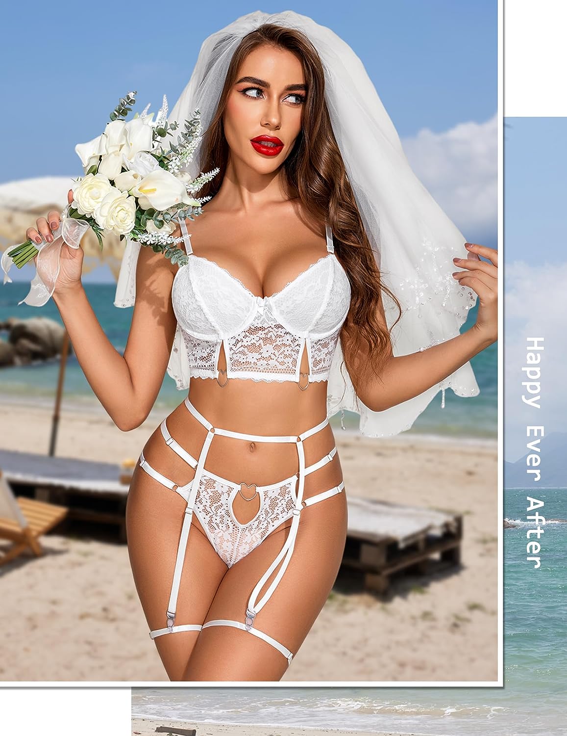 Avidlove Garter Lingerie for Women, Lace Lingerie with Underwire, Matching 4 Piece Push Up Lingerie Set