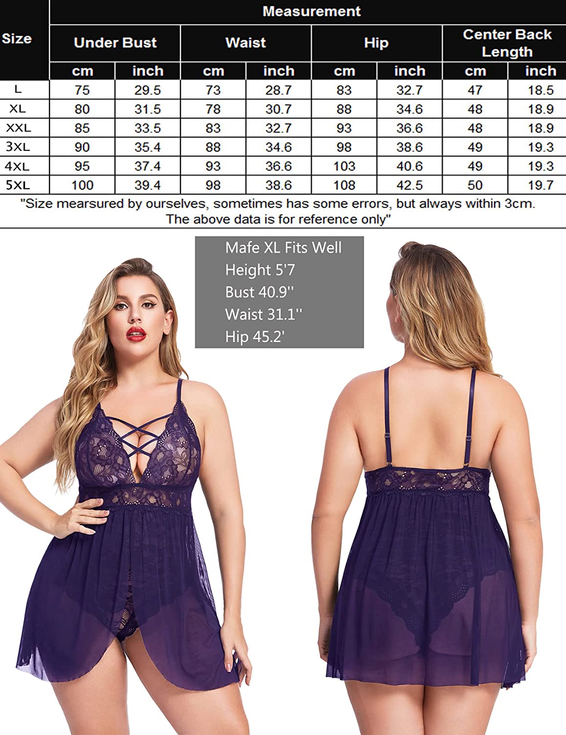 Avidlove Plus Size Babydoll Snap Crotch Lingerie V Neck Lace Nighty Sleepwear L-4XL
