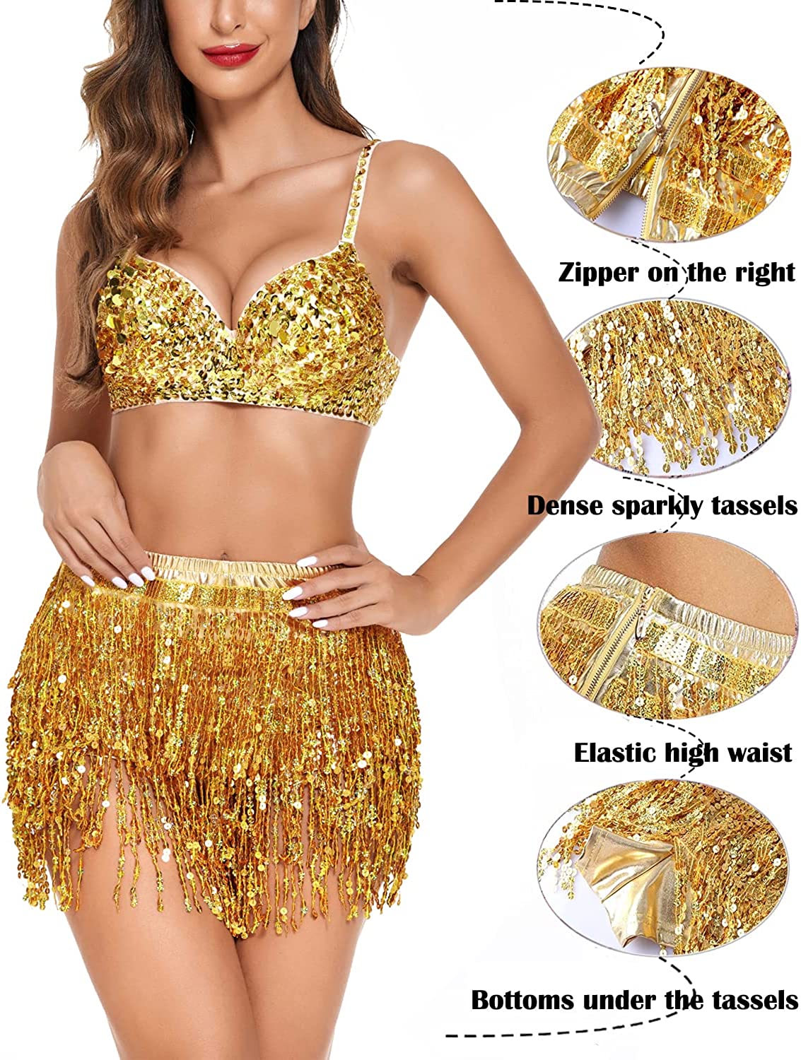 Avidlove Sequin Tassel Skirt Belly Dance Belt Dance Performance Skirt Party Rave Skirt for Women