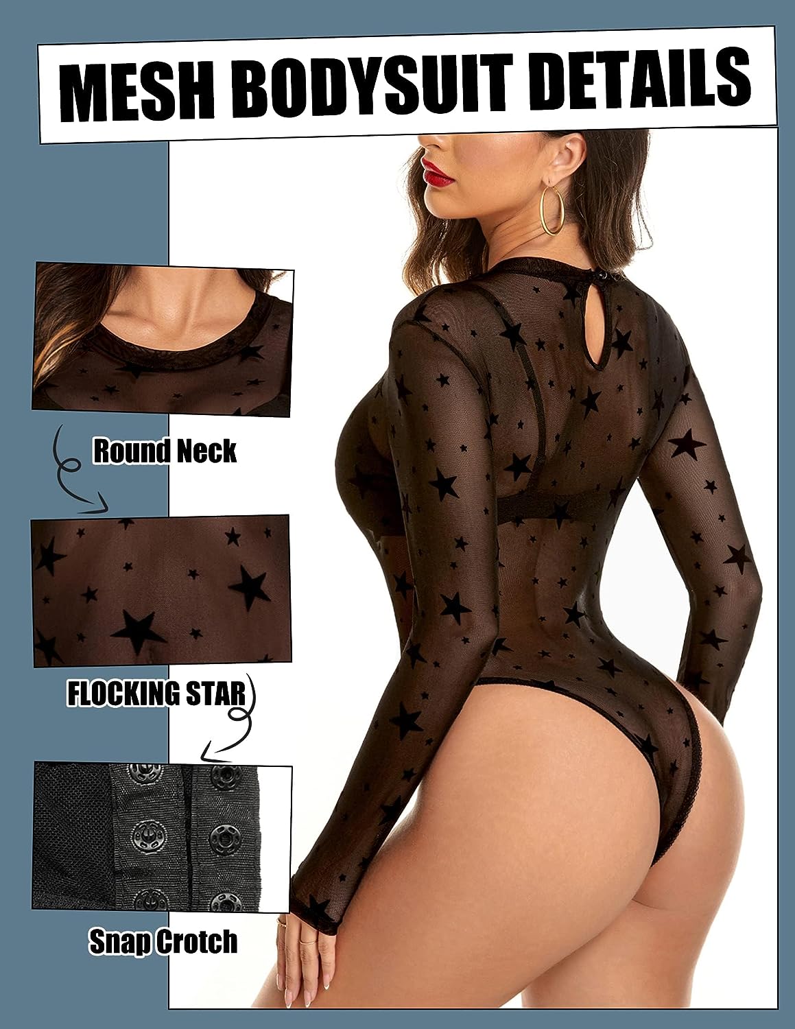 Avidlove Mesh Bodysuit Black Long Sleeve Bodysuit Round Neck Sheer Leotards Bodysuit Tops Snap Crotch