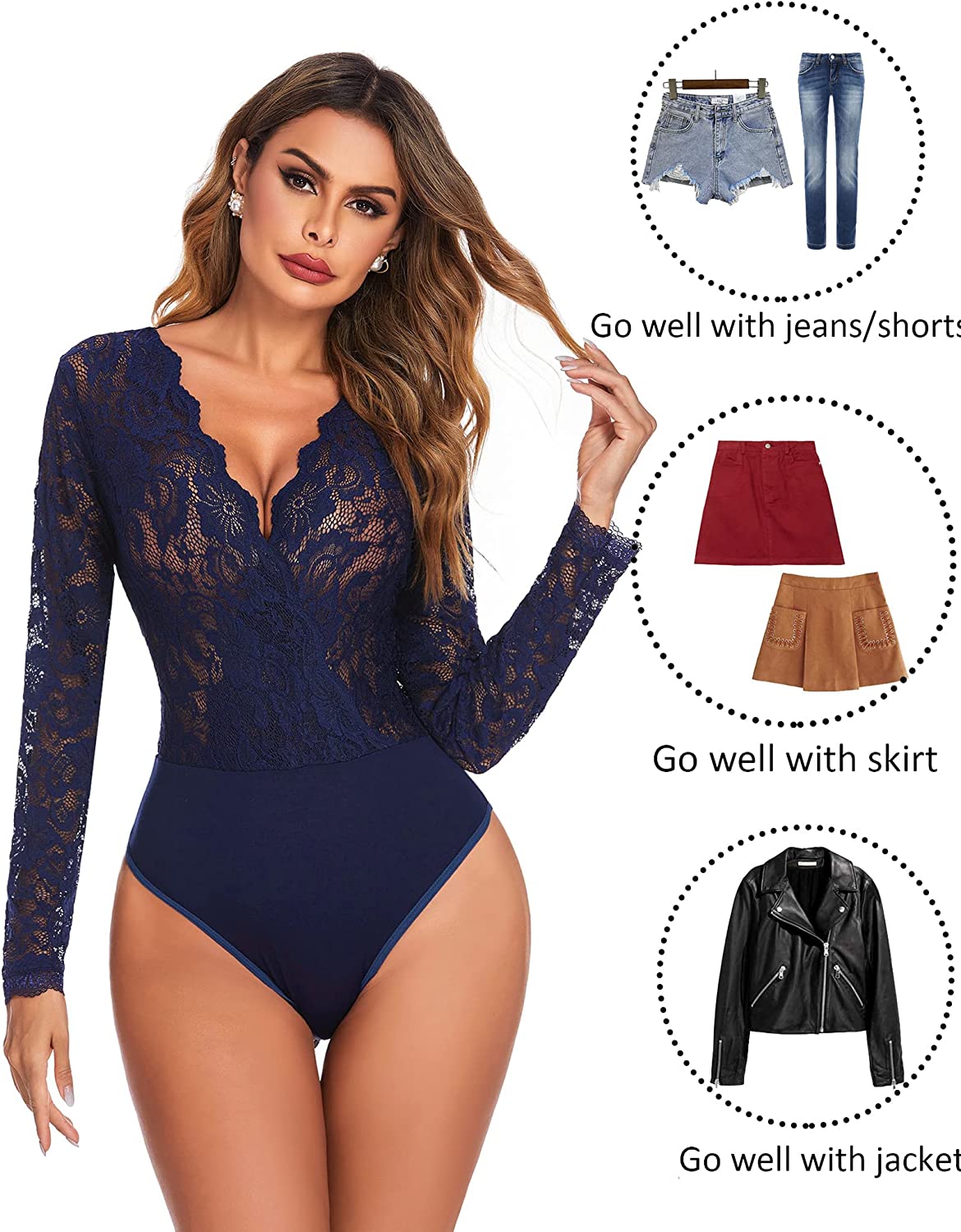 Avidlove Lace Short Sleeve Bodysuit Deep V Snap Crotch Clubwear Tops S-XXL