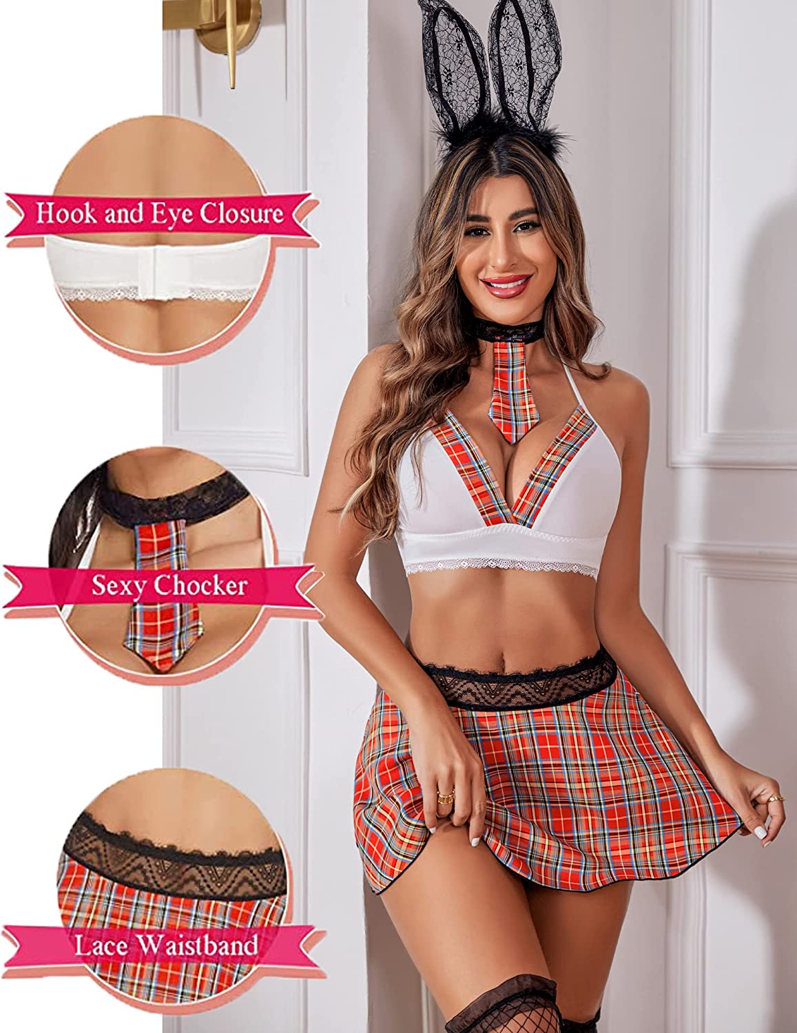 Avidlove Schoolgirl Lingerie Set Plaid Mini Skirt Lingerie High Waist Halter Babydoll with Chocker