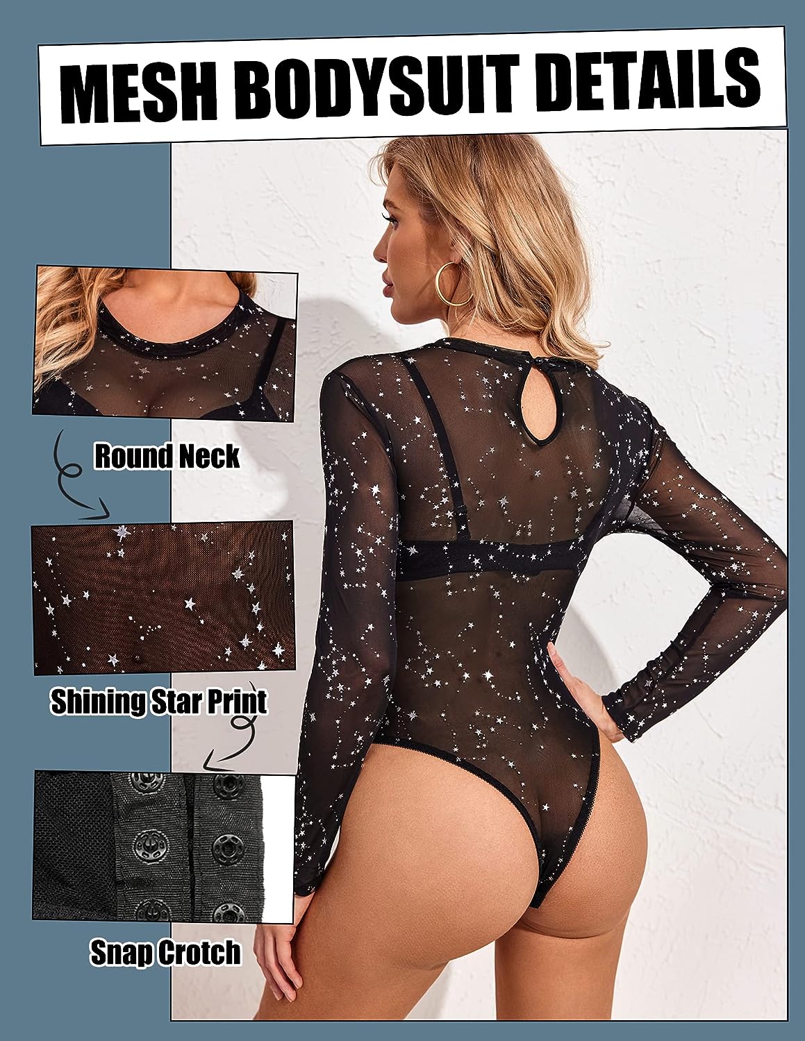 Avidlove Mesh Bodysuit Black Long Sleeve Bodysuit Round Neck Sheer Leotards Bodysuit Tops Snap Crotch