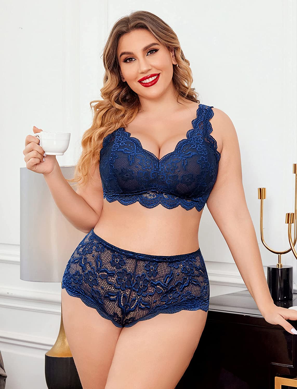 Avidlove Plus Size Lingerie Set Lace Halter Bralette High Waist Panty Set