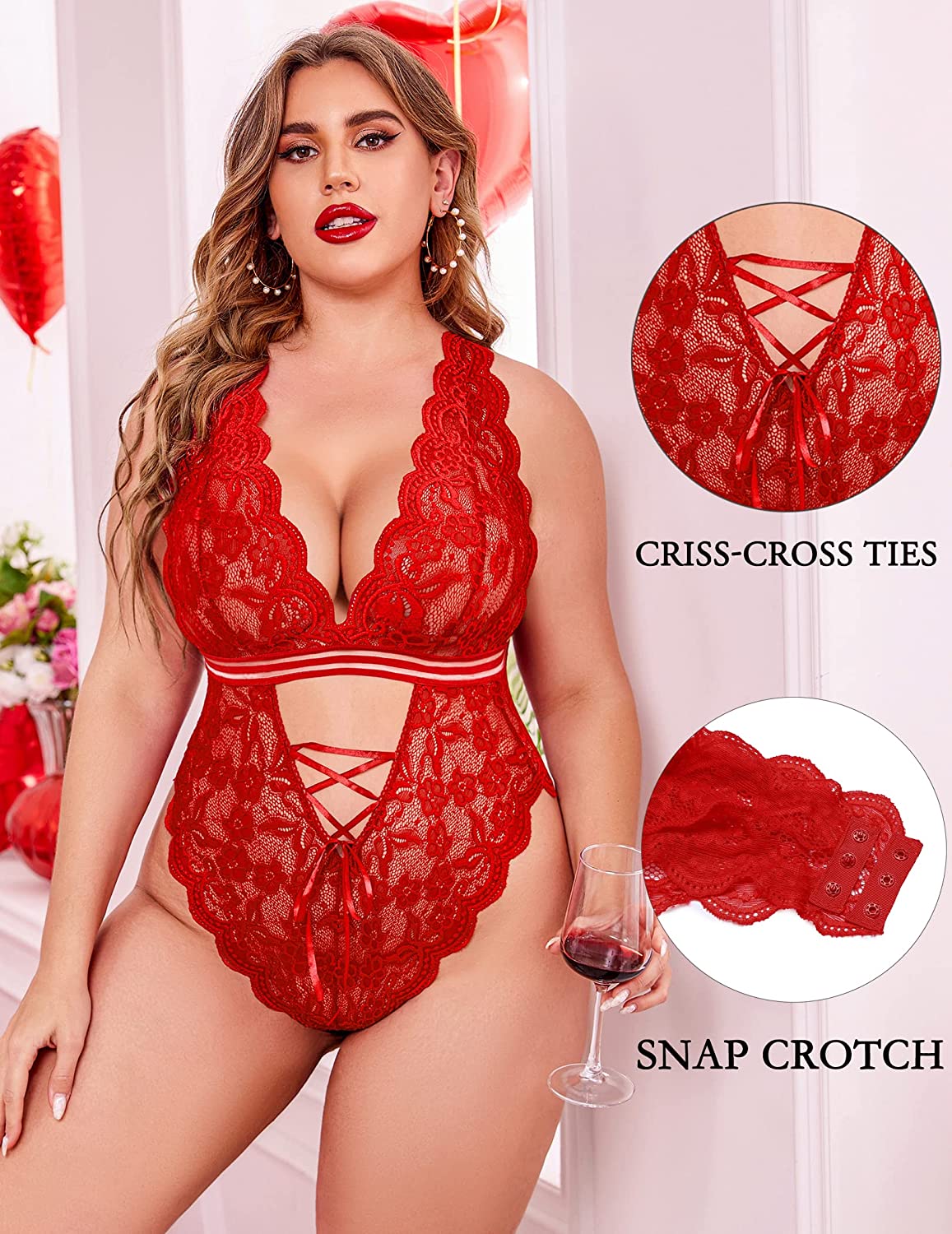 Avidlove Plus Size Lingerie Snap Crotch Teddy Bodysuit One Piece Lace Babydoll 14-24 Plus