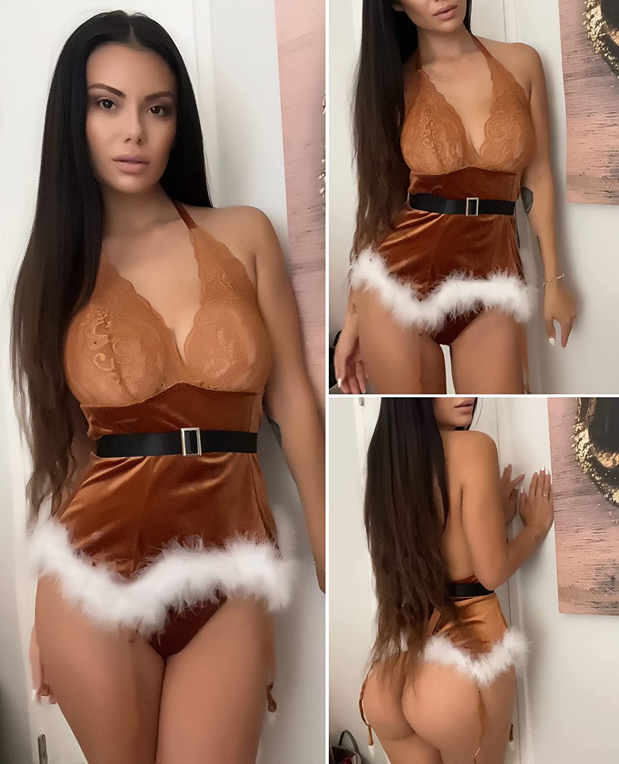 Avidlove Christmas Lingerie Sets Garter Bustier Set Santa Babydoll Bodysuits Lace Chemise (No Stockings) S-XXL