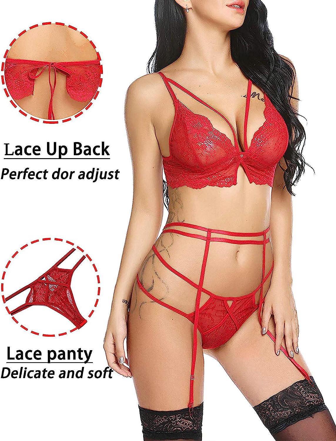 Avidlove Garter Lingerie Set Eyelash Lace Strappy Bra and Panty 3 piece Boudoir Outfits