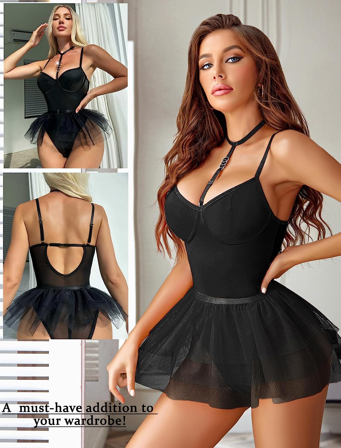 Avidlove Babydoll Lingerie for Snap Crotch Chemise Lingerie Set with Halter Choker Removable Skirt Boudoir Outfits