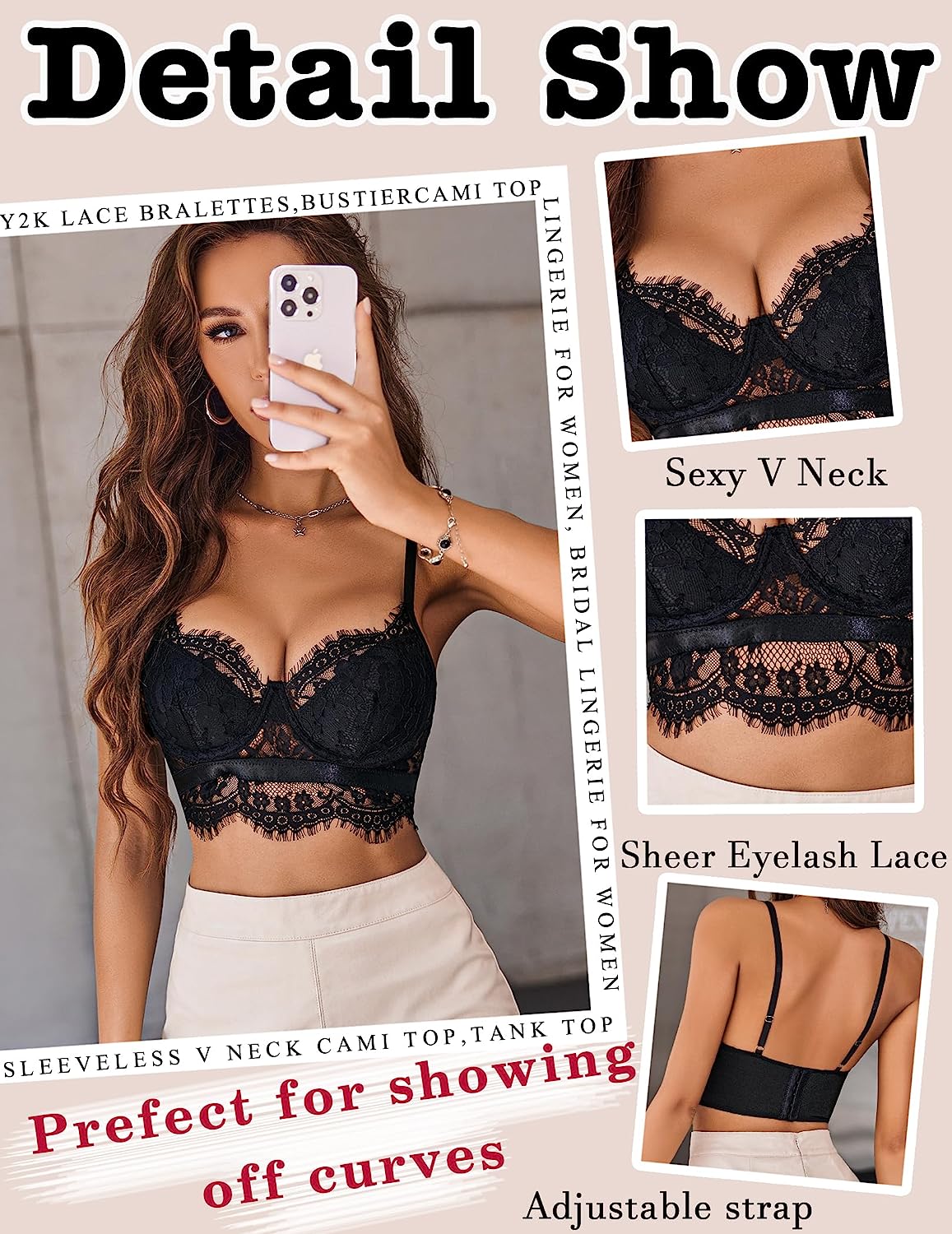 Avidlove Lace Bralettes for Sleeveless V Neck Cami Top Spaghetti Bustier Corset
