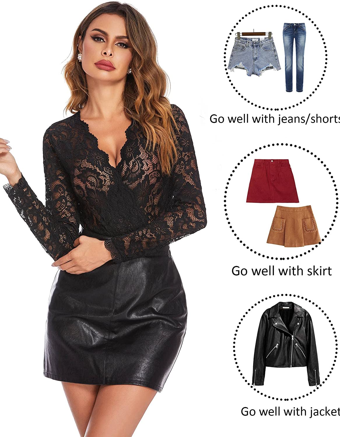 Avidlove Lace Short Sleeve Bodysuit Deep V Snap Crotch Clubwear Tops S-XXL