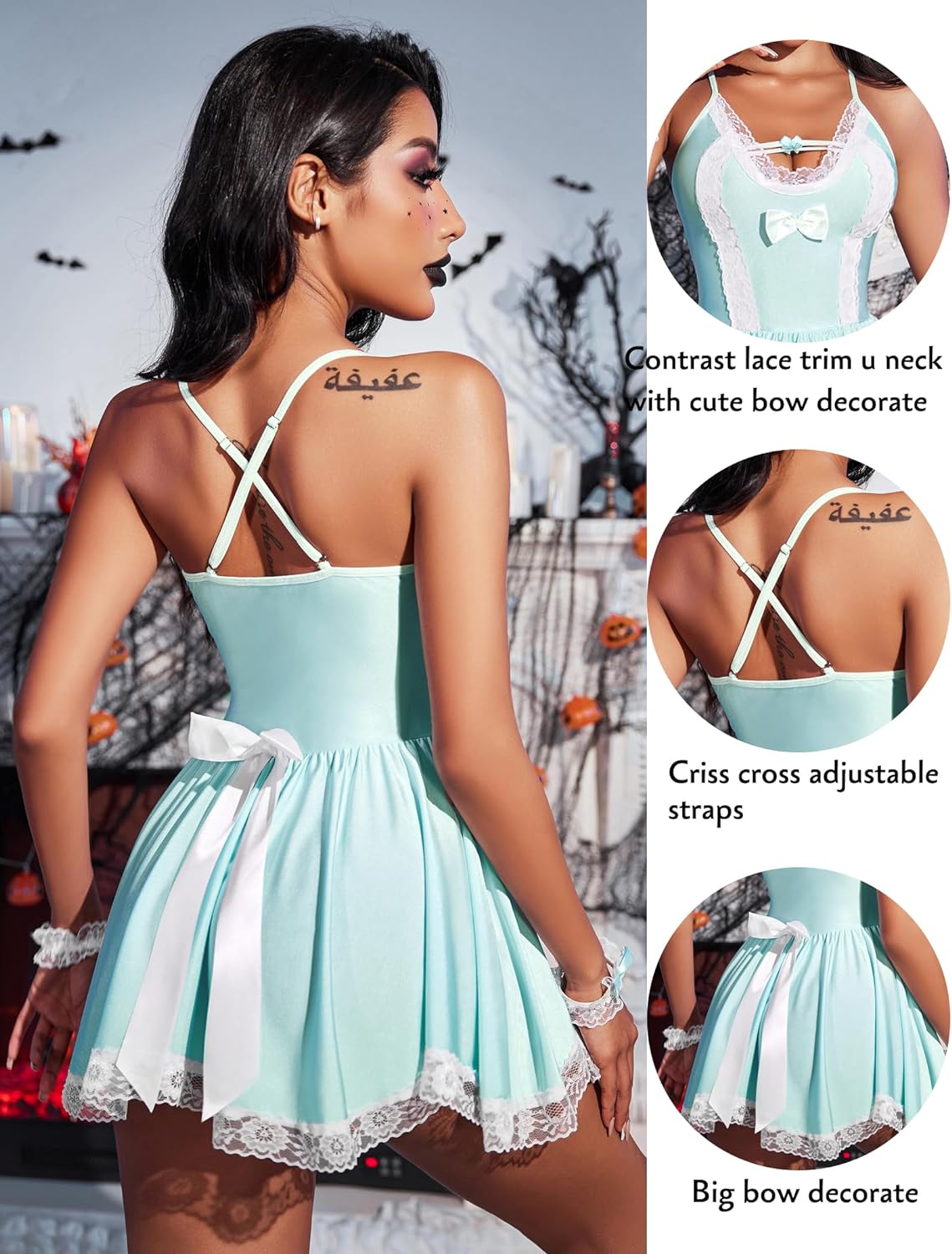 Avidlove Maid Costume Cosplay Lingerie Set Mesh Chemise Babydoll Lace Roleplay Outfit 4 Piece Strap Nightwear