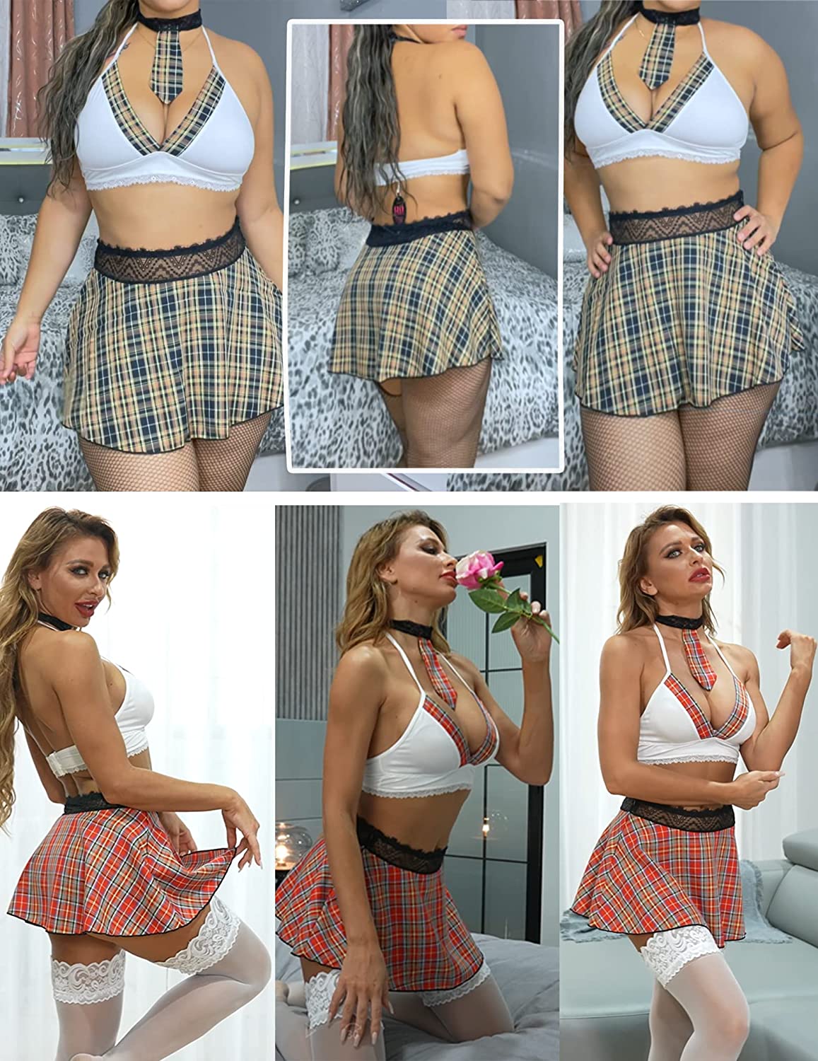Avidlove Schoolgirl Lingerie Set Plaid Mini Skirt Lingerie High Waist Halter Babydoll with Chocker