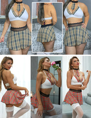 Avidlove Schoolgirl Lingerie Set Plaid Mini Skirt Lingerie High Waist Halter Babydoll with Chocker