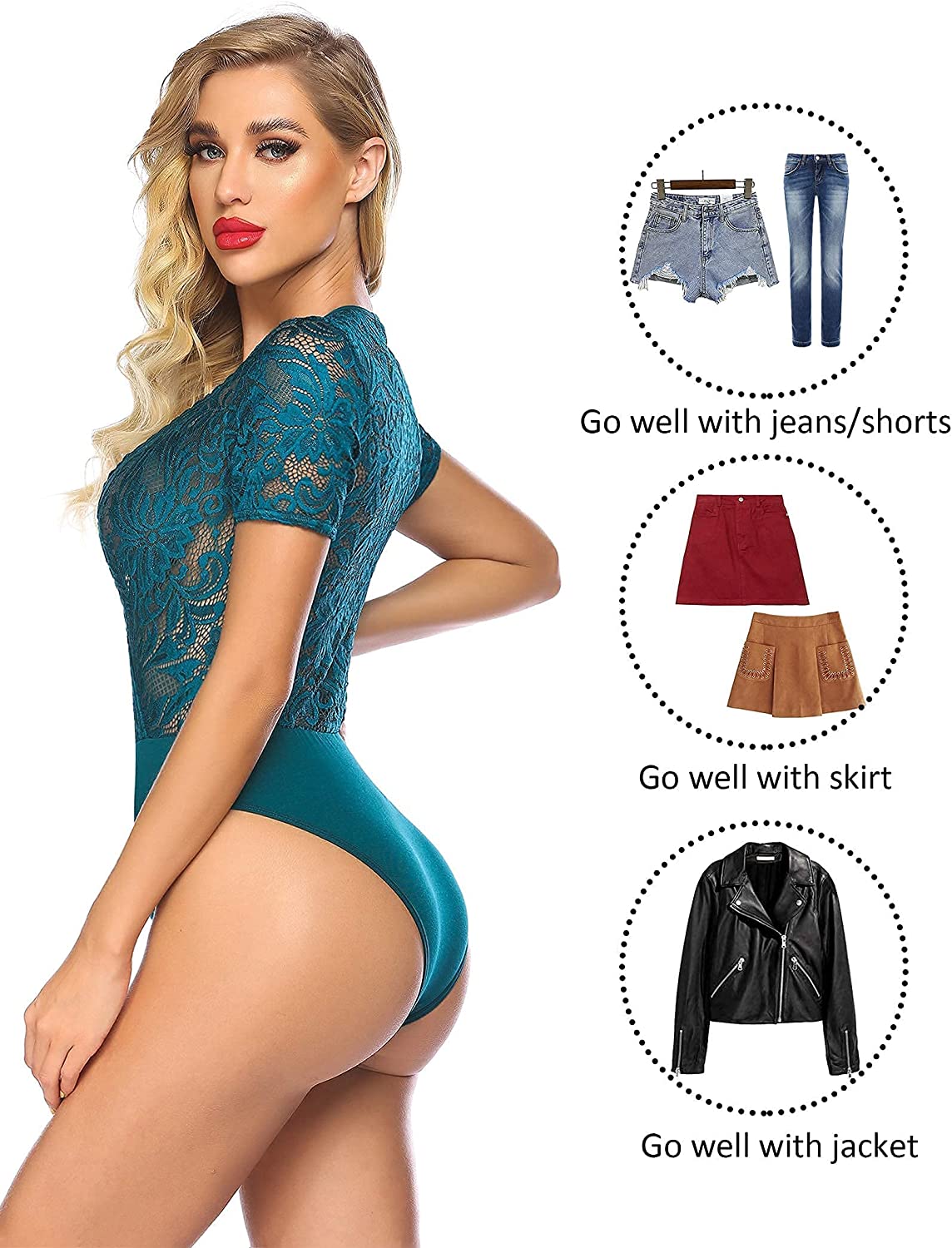 Avidlove Lace Short Sleeve Bodysuit Deep V Snap Crotch Clubwear Tops S-XXL
