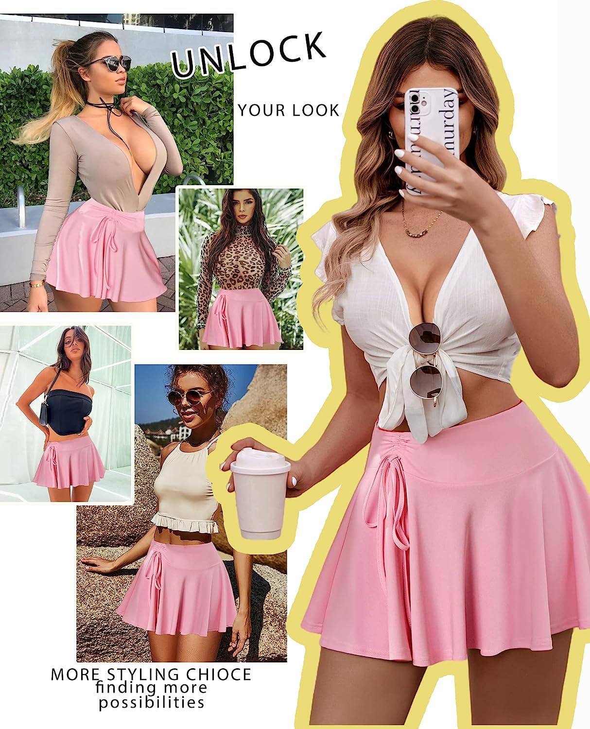 Avidlove Mini Skirt for Pleated Drawstring High Waist Skater Skirt Lingerie Skirts S-XXL