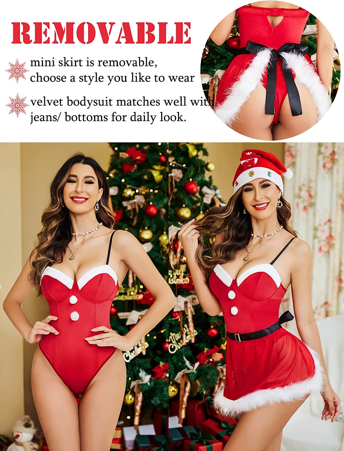 Avidlove Christmas Lingerie Santa Babydoll Lingerie V Neck Velvet Lingerie with Belt