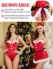 Avidlove Christmas Lingerie Santa Babydoll Lingerie V Neck Velvet Lingerie with Belt