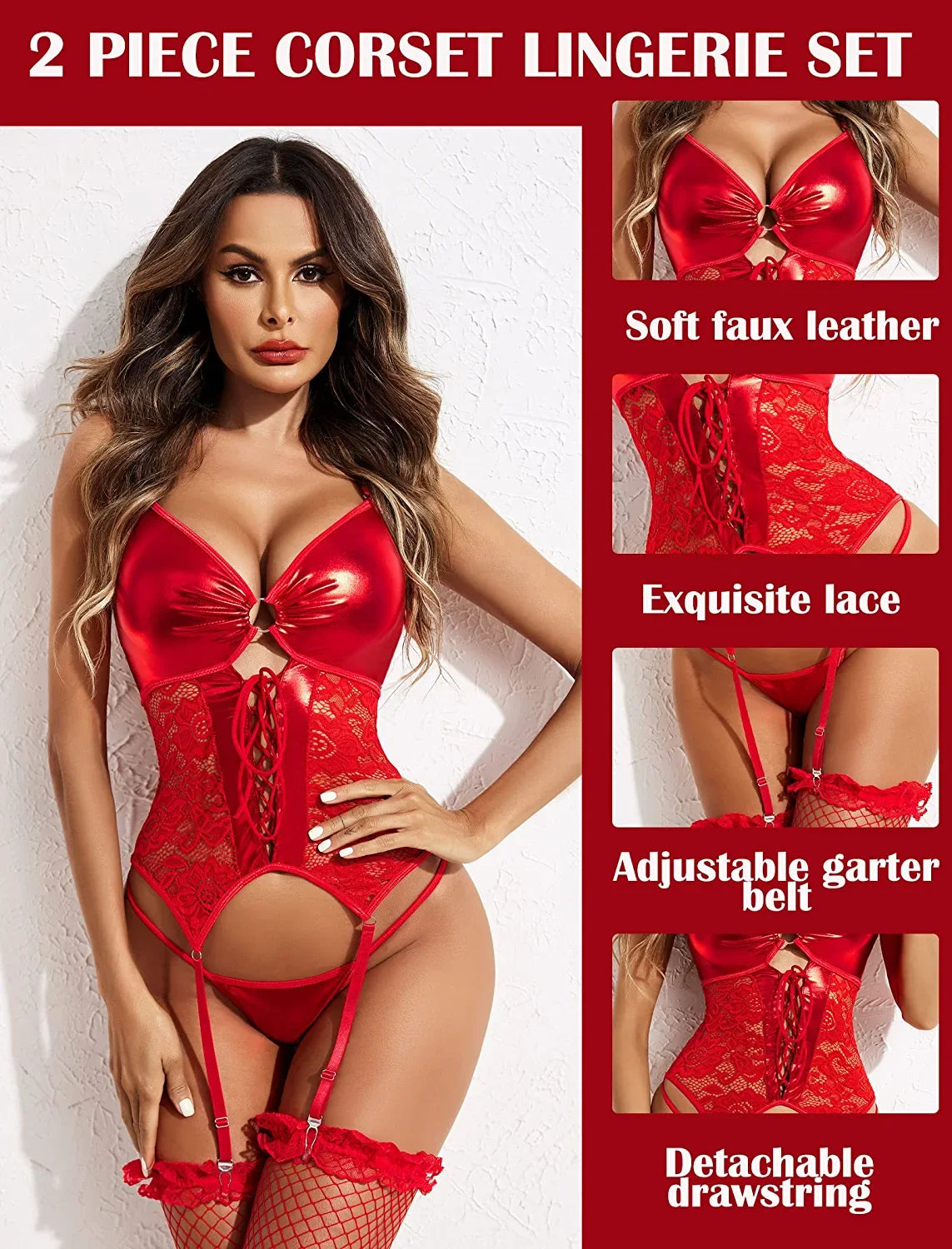 Avidlove Leather Bodysuit Lace Up Corset Set With Garter Lace Bodysuit Teddy with Panty