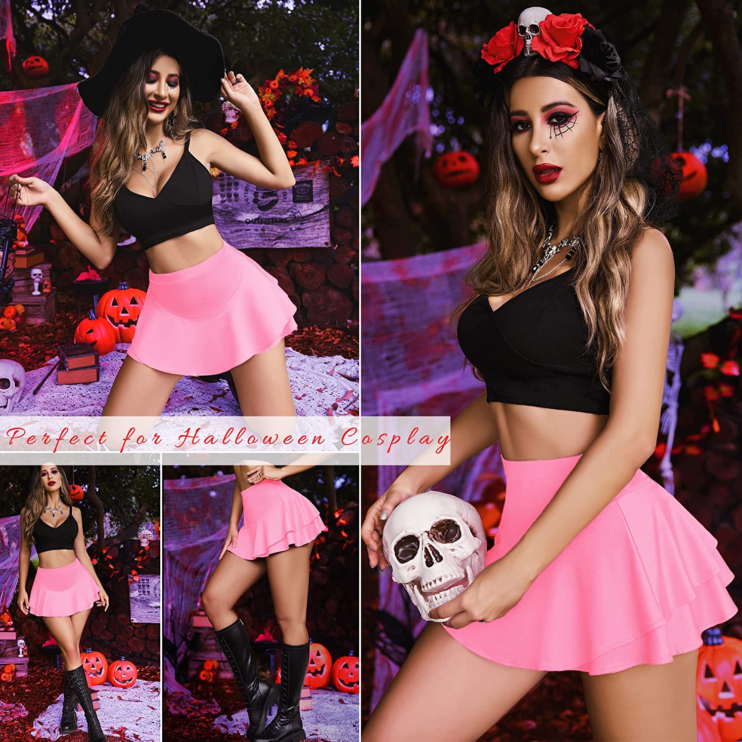 Avidlove Mini Skirt Solid Ruffle Trim Lingerie Skirt Short High Waist Two Layer Hem Skirt