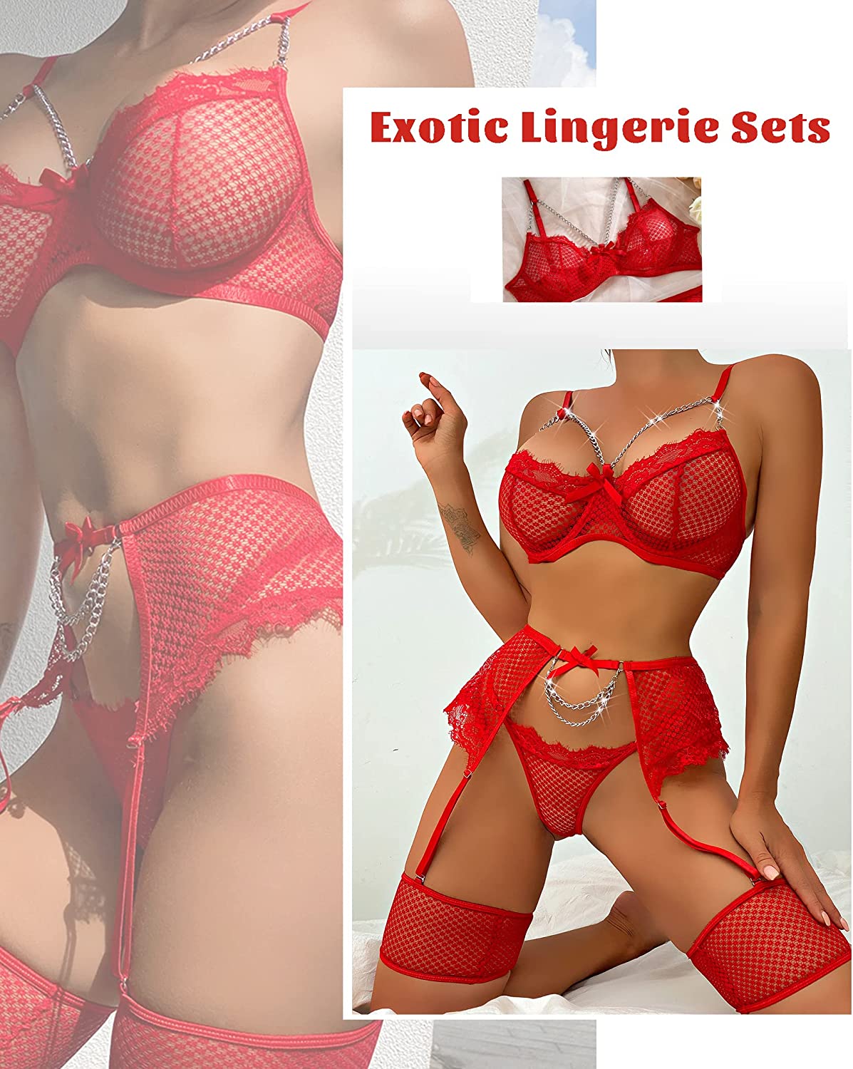 Avidlove Garter Set Lingerie for Fishnet Underwire Lace 4 Piece Sets Chain Bra S-XXL