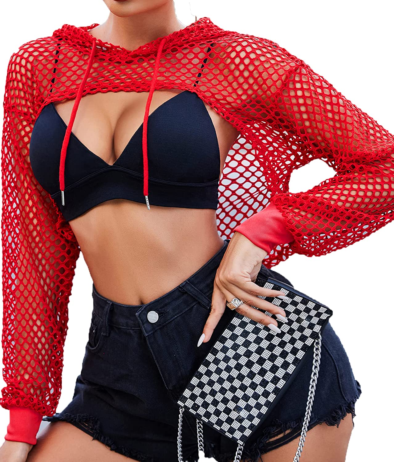 Avidlove Mesh Hoodie Crop Top Fishnet Shirt Long Sleeve Crop Top Hoodie