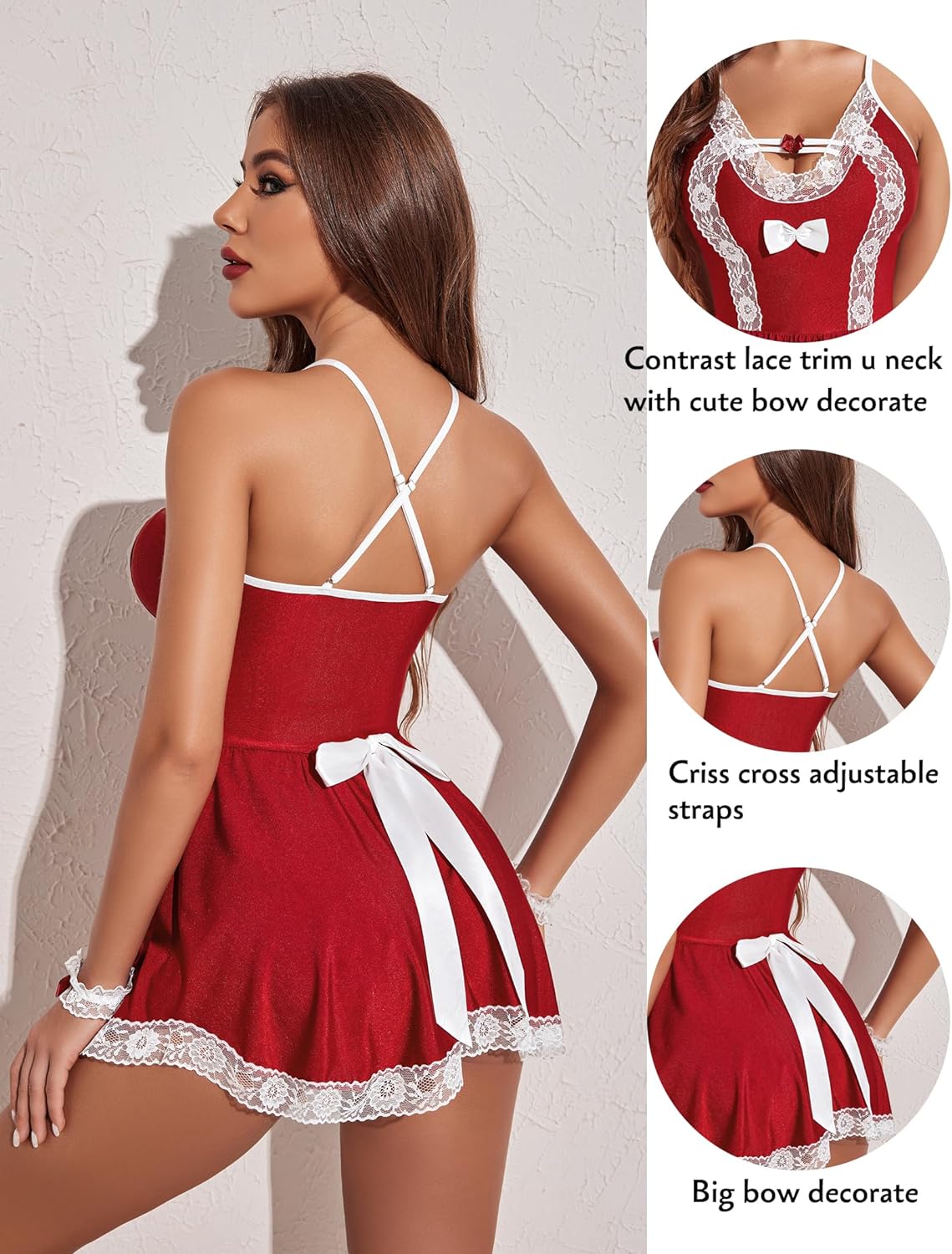 Avidlove Maid Costume Cosplay Lingerie Set Mesh Chemise Babydoll Lace Roleplay Outfit 4 Piece Strap Nightwear