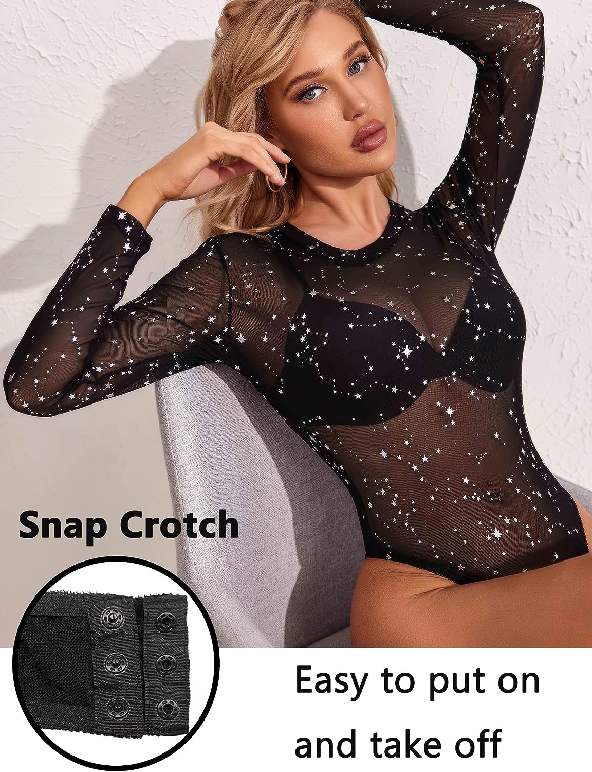Avidlove Mesh Bodysuit Black Long Sleeve Bodysuit Round Neck Sheer Leotards Bodysuit Tops Snap Crotch