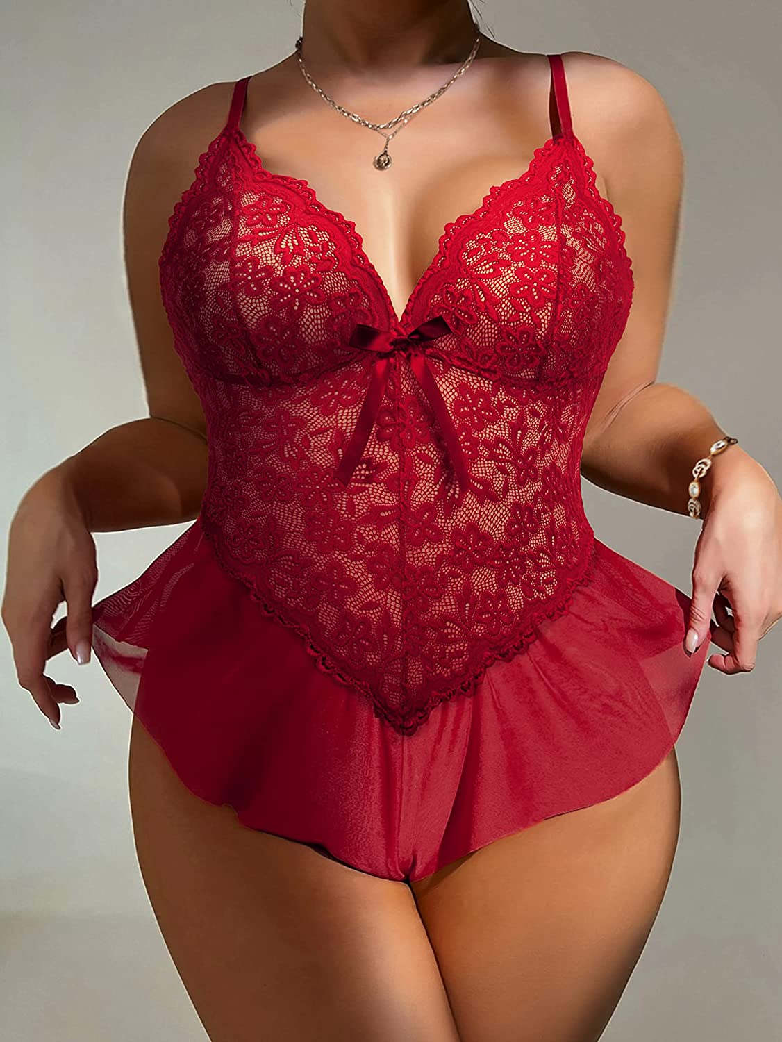 Avidlove Plus Size Lingerie for Lace Bodysuit One Piece Teddy Babydoll Mesh Chemise V Neck Sleepwear L-4XL