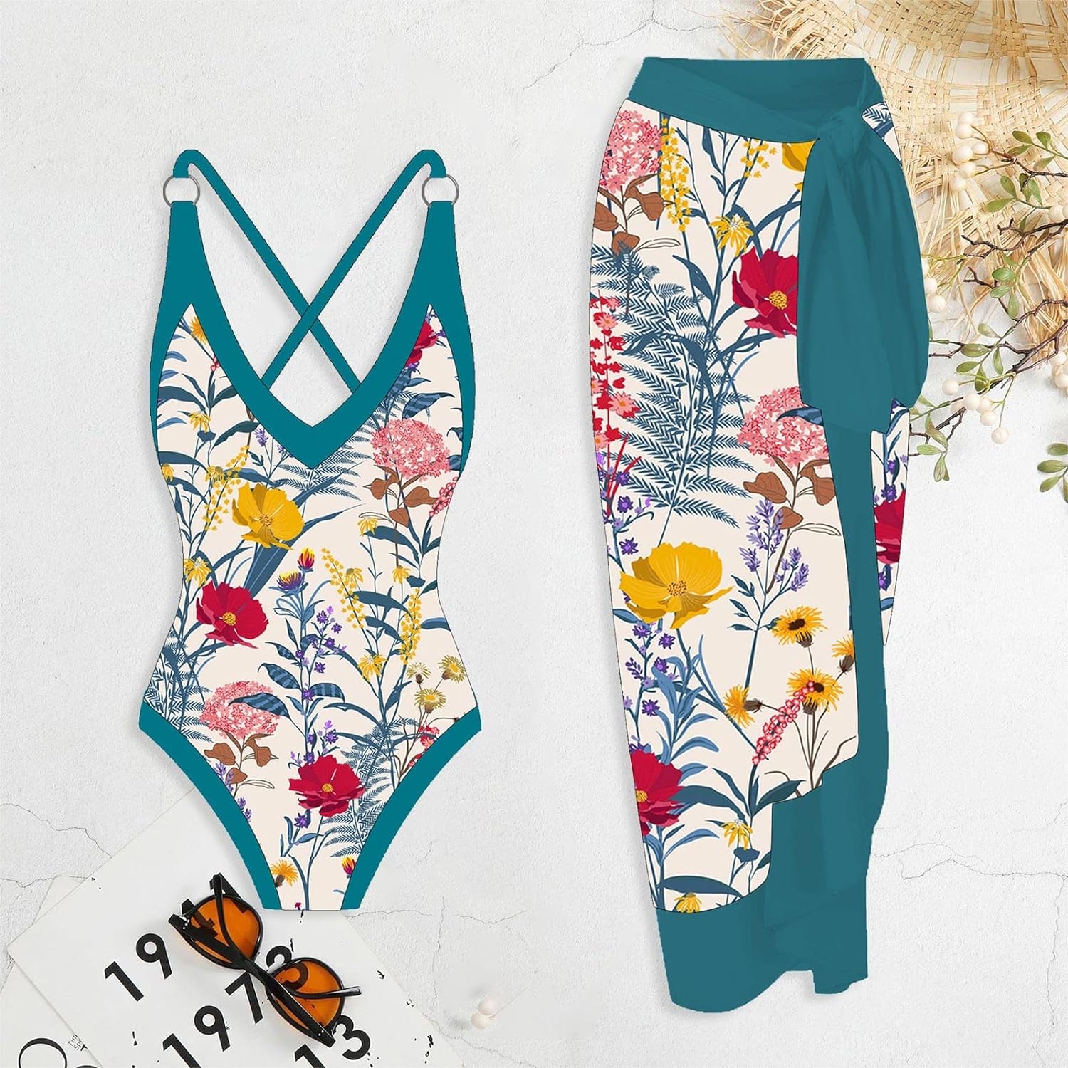 Women's 1 Piece Swimsuit + Vintage Printed Swimsuit - Green