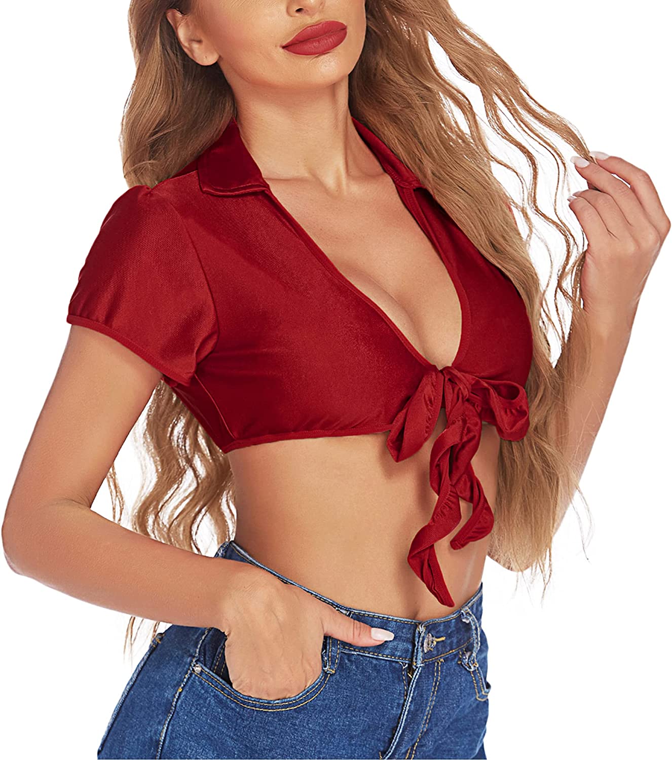 Avidlove Lingerie for Crop Top Tie up Shrug Cosplay Shirt Short Sleeve Bolero Cardigan