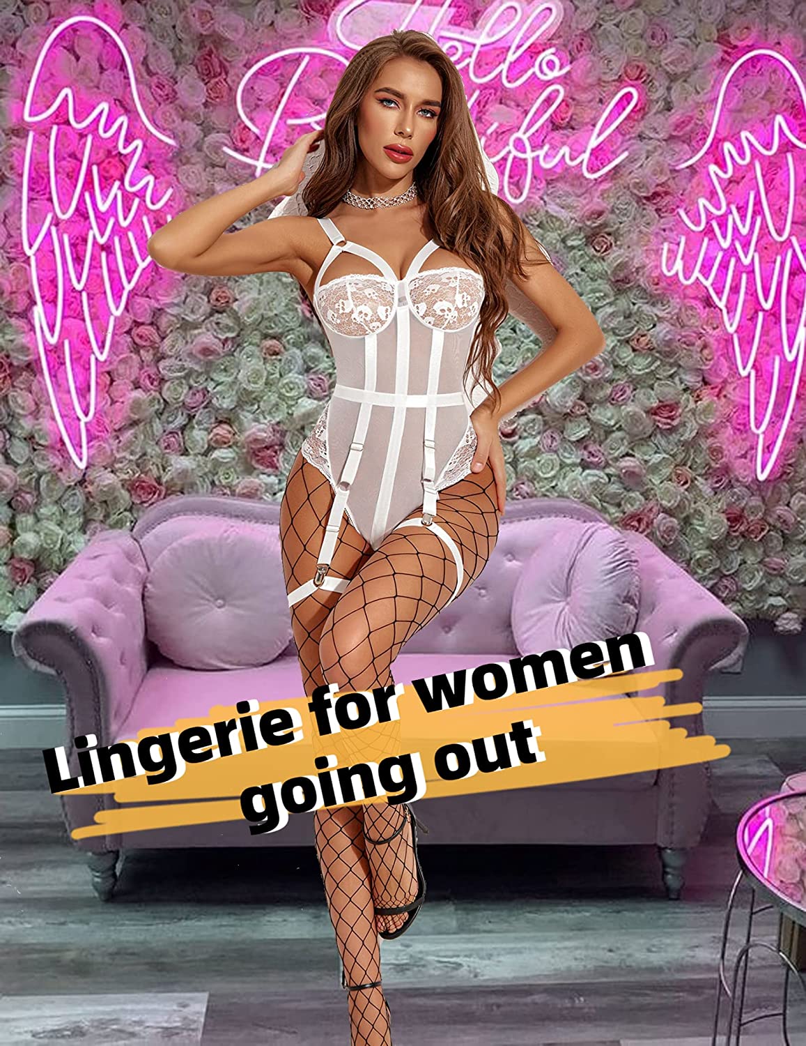Avidlove Teddy Lingerie for with Garter Belt One Piece Lingerie Naughty Strappy Lingerie Lace Exotic Bodysuit