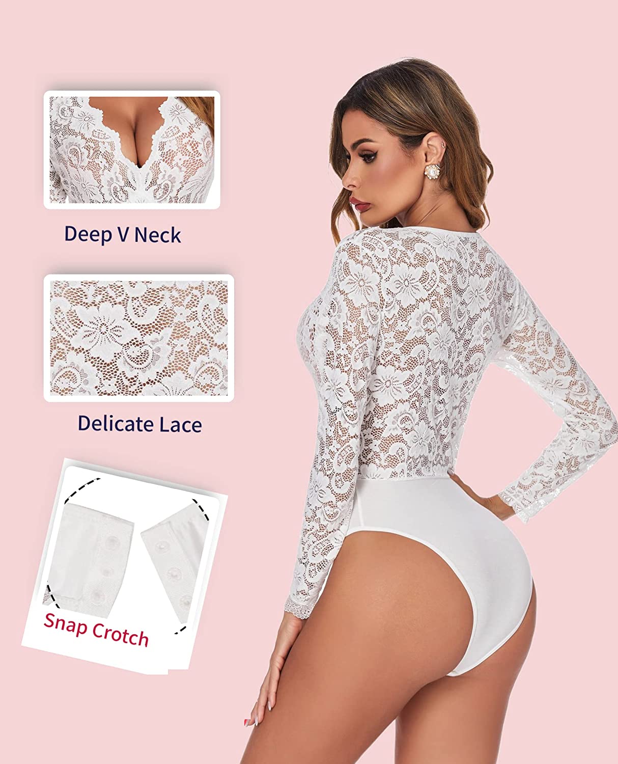 Avidlove Lace Short Sleeve Bodysuit Deep V Snap Crotch Clubwear Tops S-XXL