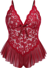 Avidlove Plus Size Lingerie for Lace Bodysuit One Piece Teddy Babydoll Mesh Chemise V Neck Sleepwear L-4XL