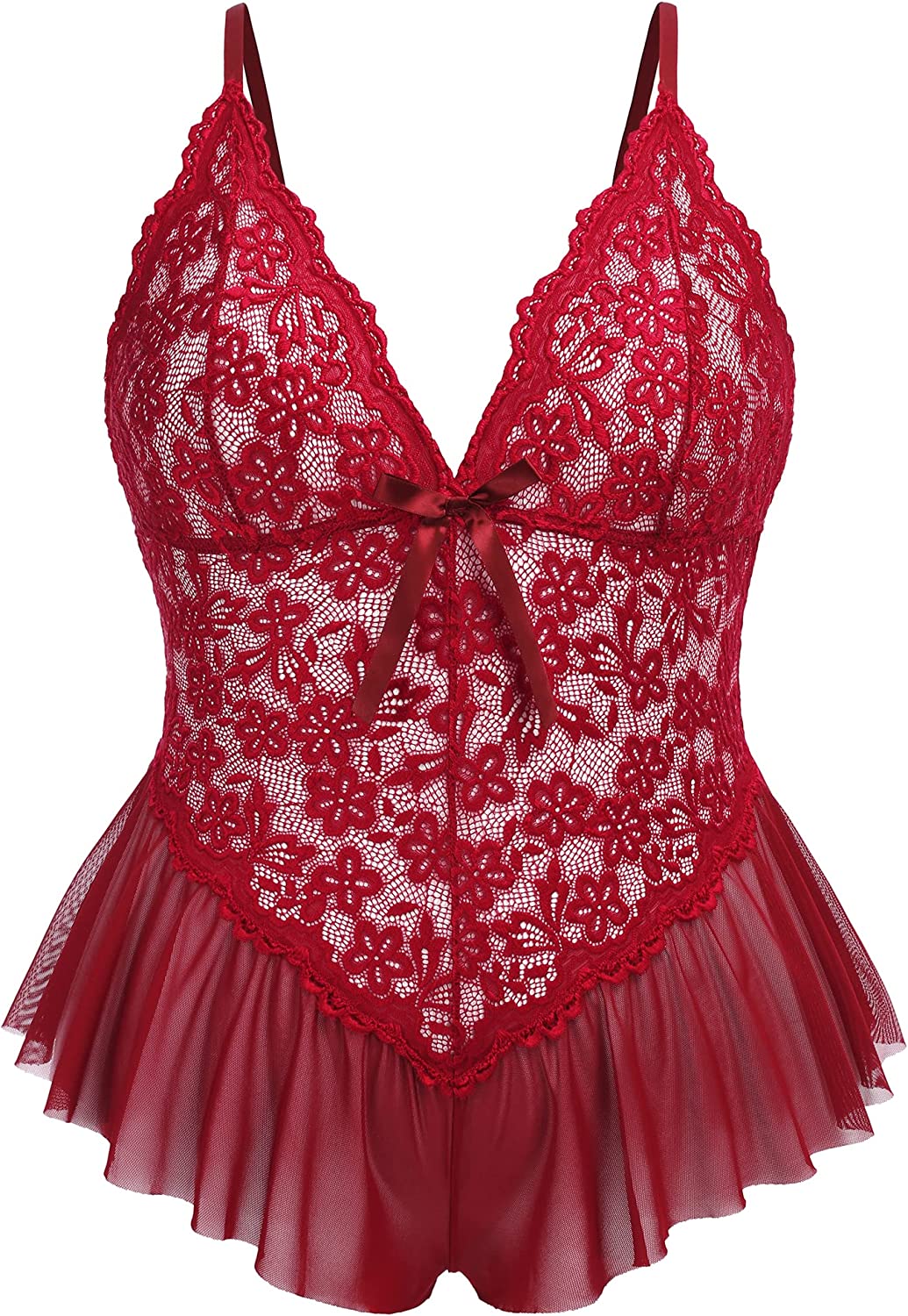 Avidlove Plus Size Lingerie for Lace Bodysuit One Piece Teddy Babydoll Mesh Chemise V Neck Sleepwear L-4XL