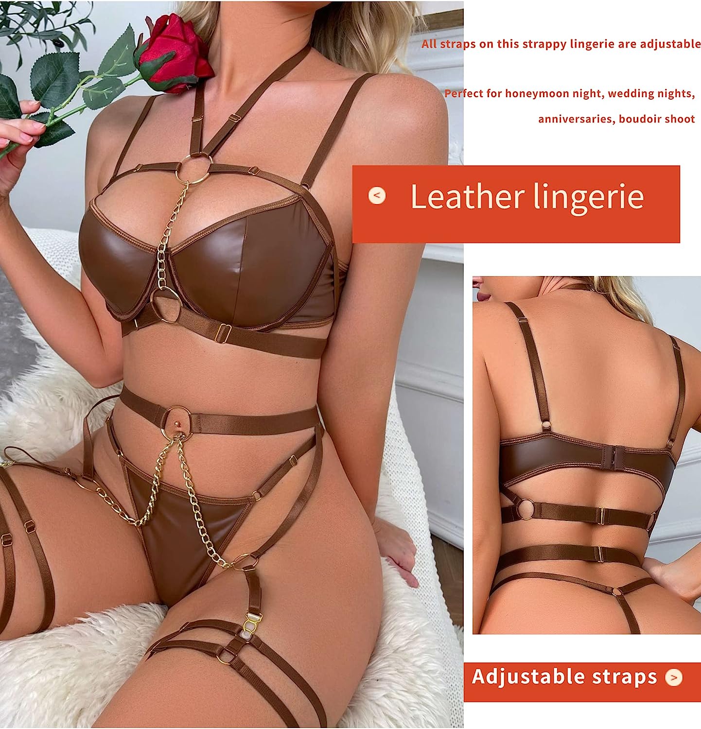 Avidlove Lingerie Set Strappy 5 Piece Lingerie Garter with Underwire Push Up Bra and Chain