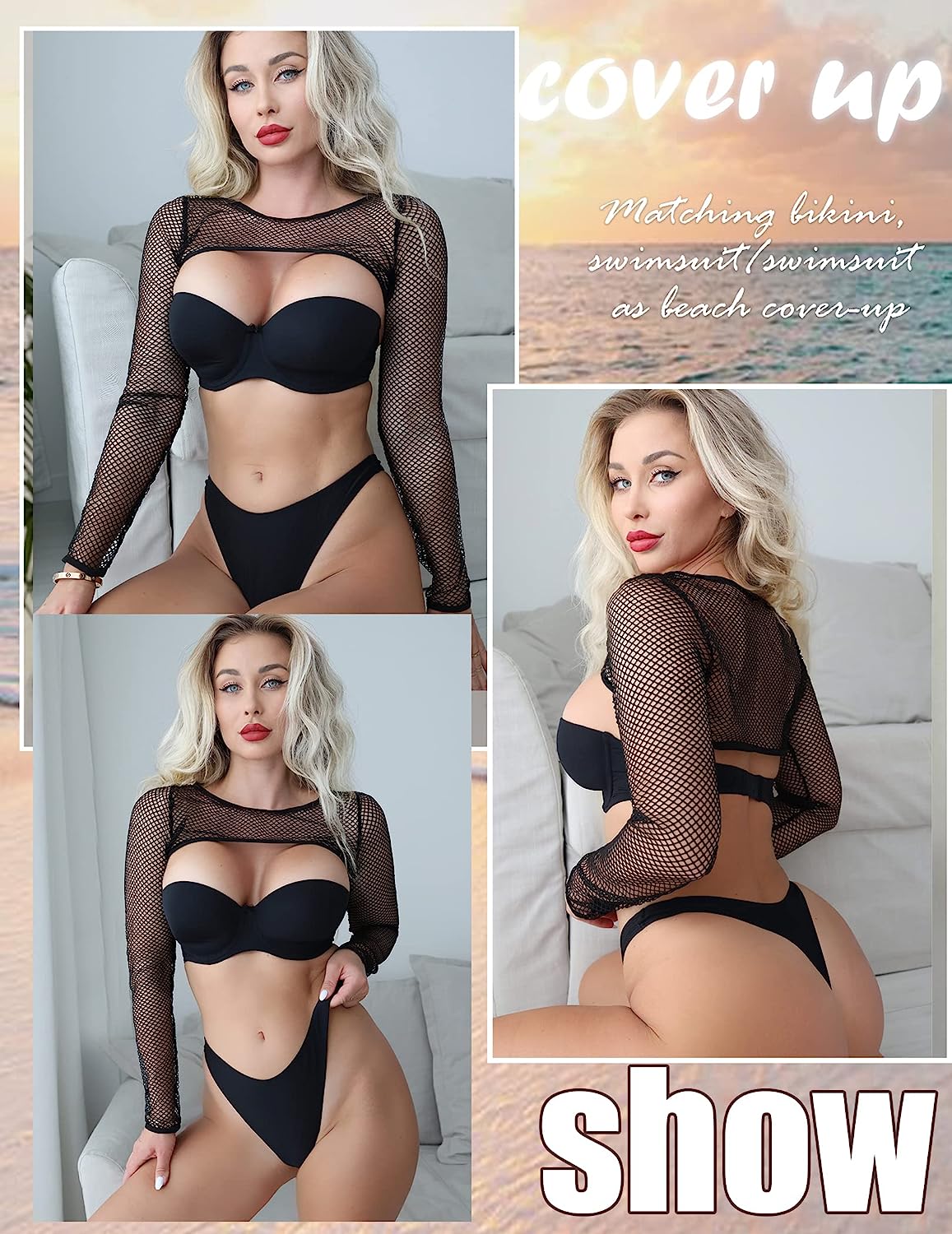 Avidlove Fishnet Long Sleeve Crop Top See Through Shirt Sheer Blouse Outfits
