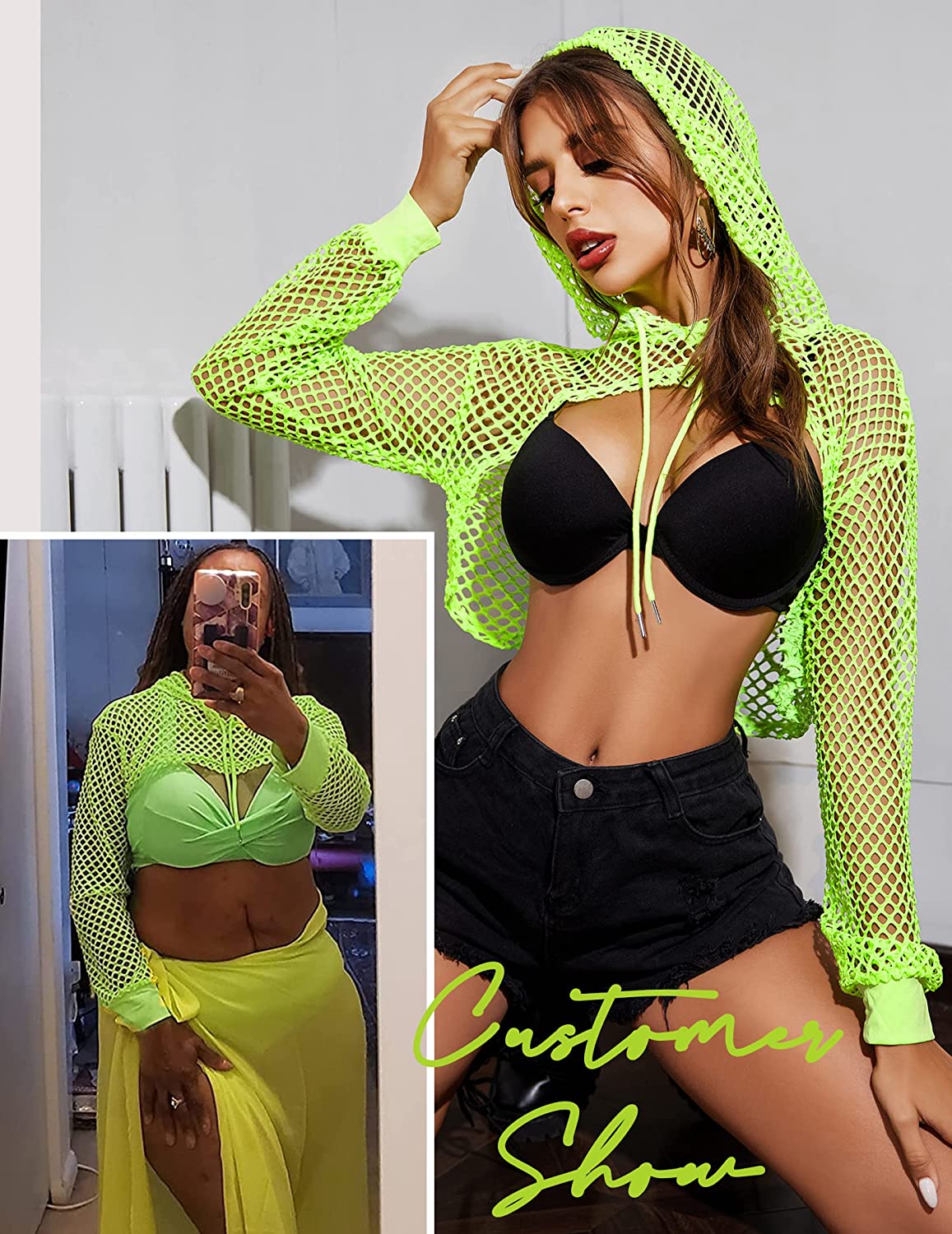 Avidlove Mesh Hoodie Crop Top Fishnet Shirt Long Sleeve Crop Top Hoodie